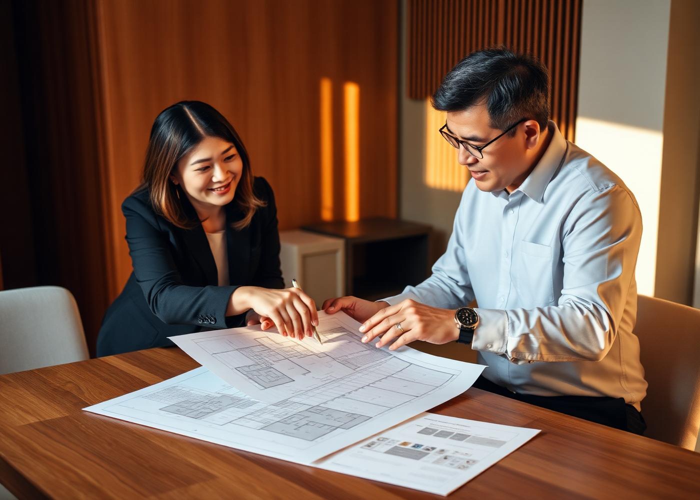 A property consultation, adviser and homeowner reviewing floor plans at a table